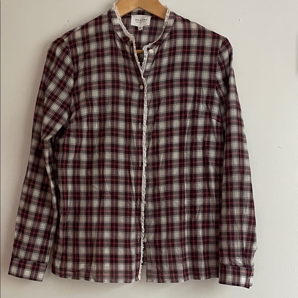 Sézane Burgundy Plaid Cotton Button-Down Shirt